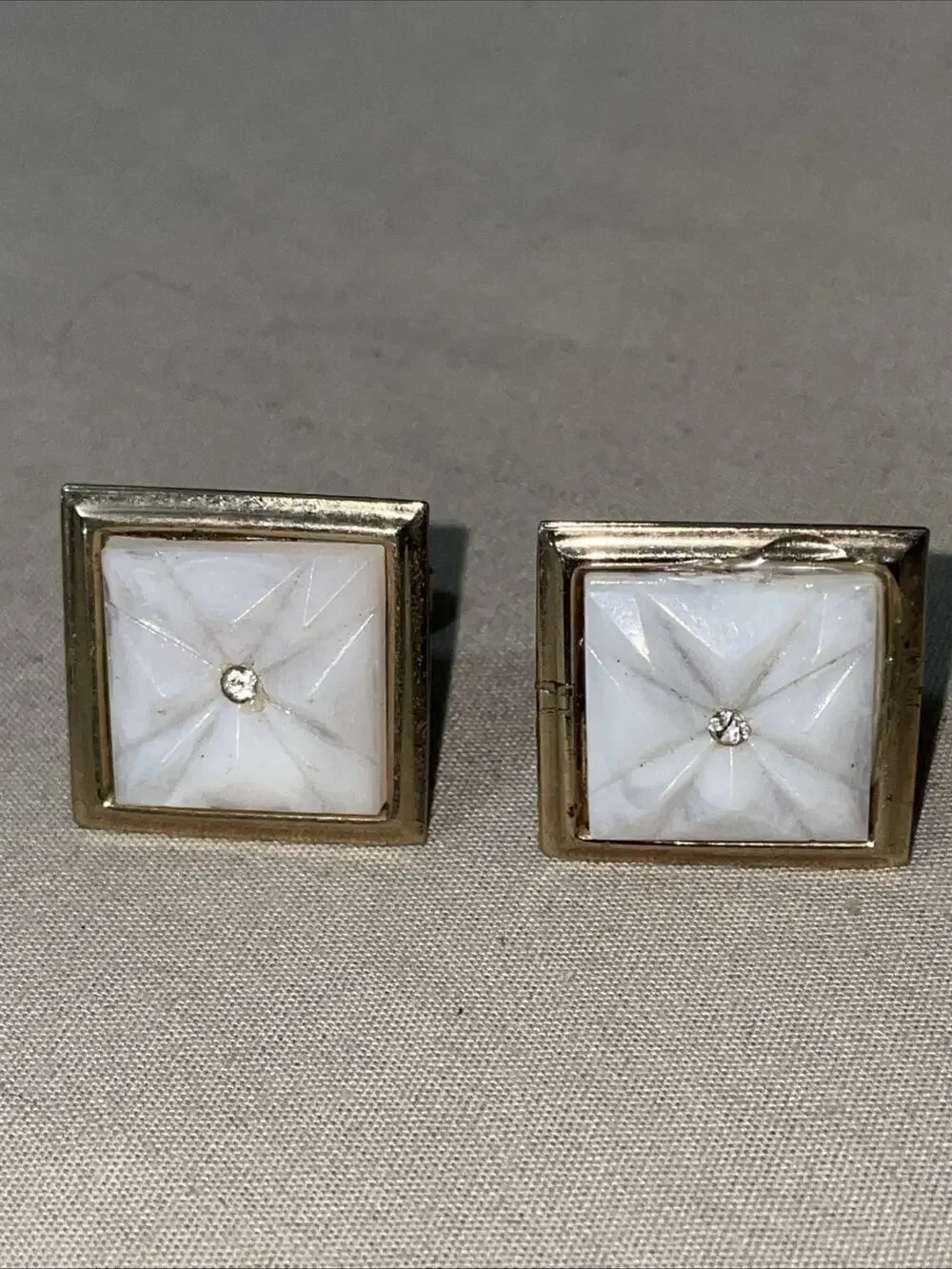 VTG Art Deco Cuff Links Mother of Pearl Rhinestone Gold Tone Square Faux Diamond